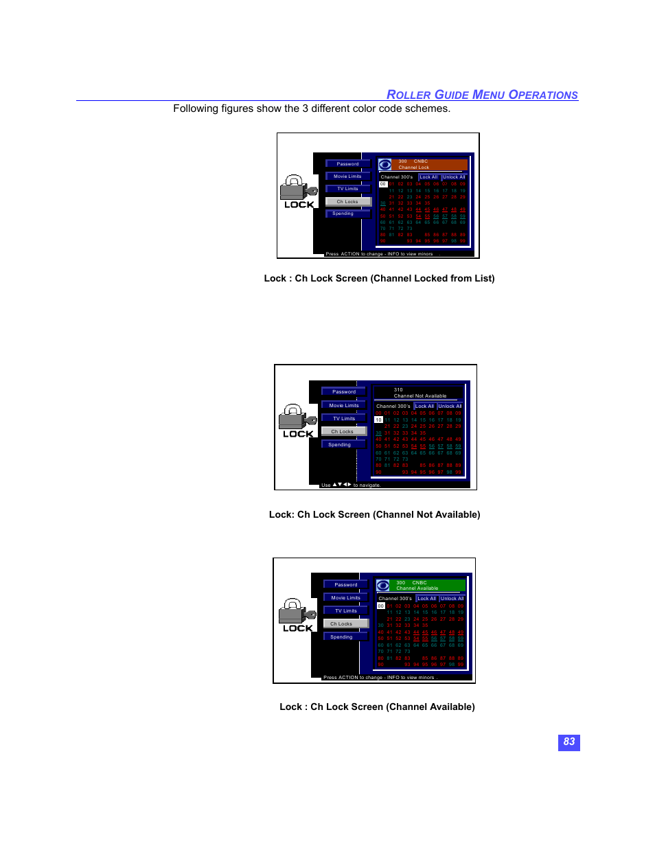 Oller, Uide, Perations | Lock : ch lock screen (channel locked from list), Lock: ch lock screen (channel not available), Lock : ch lock screen (channel available) | Panasonic TU-HDS20 User Manual | Page 84 / 101