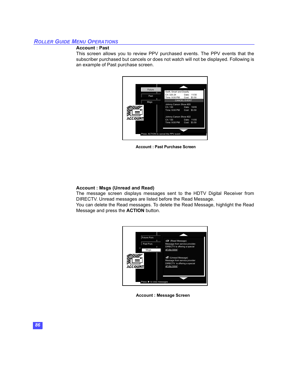 Oller, Uide, Perations | Account : past purchase screen, Account : message screen | Panasonic TU-HDS20 User Manual | Page 87 / 101