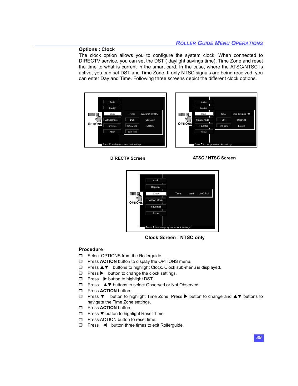 Clock screen : ntsc only, Oller, Uide | Perations, Directv screen atsc / ntsc screen | Panasonic TU-HDS20 User Manual | Page 90 / 101