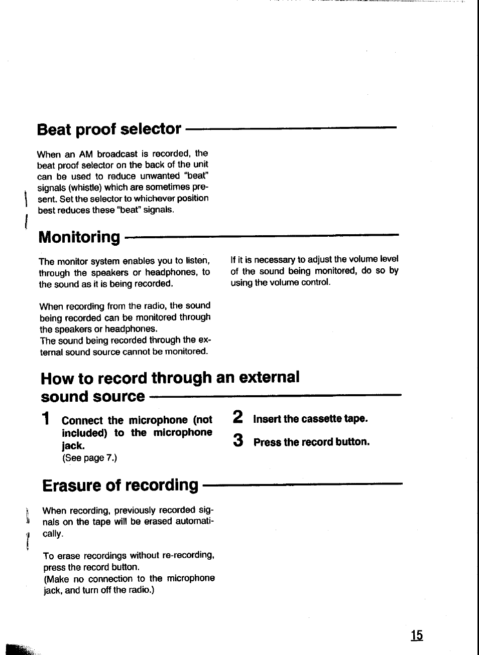 Beat proof selector, Monitoring, 2 insert the cassette tape | 3 press the record button, Erasure of recording, How to record through an external sound source | Panasonic RC-X260 User Manual | Page 15 / 28