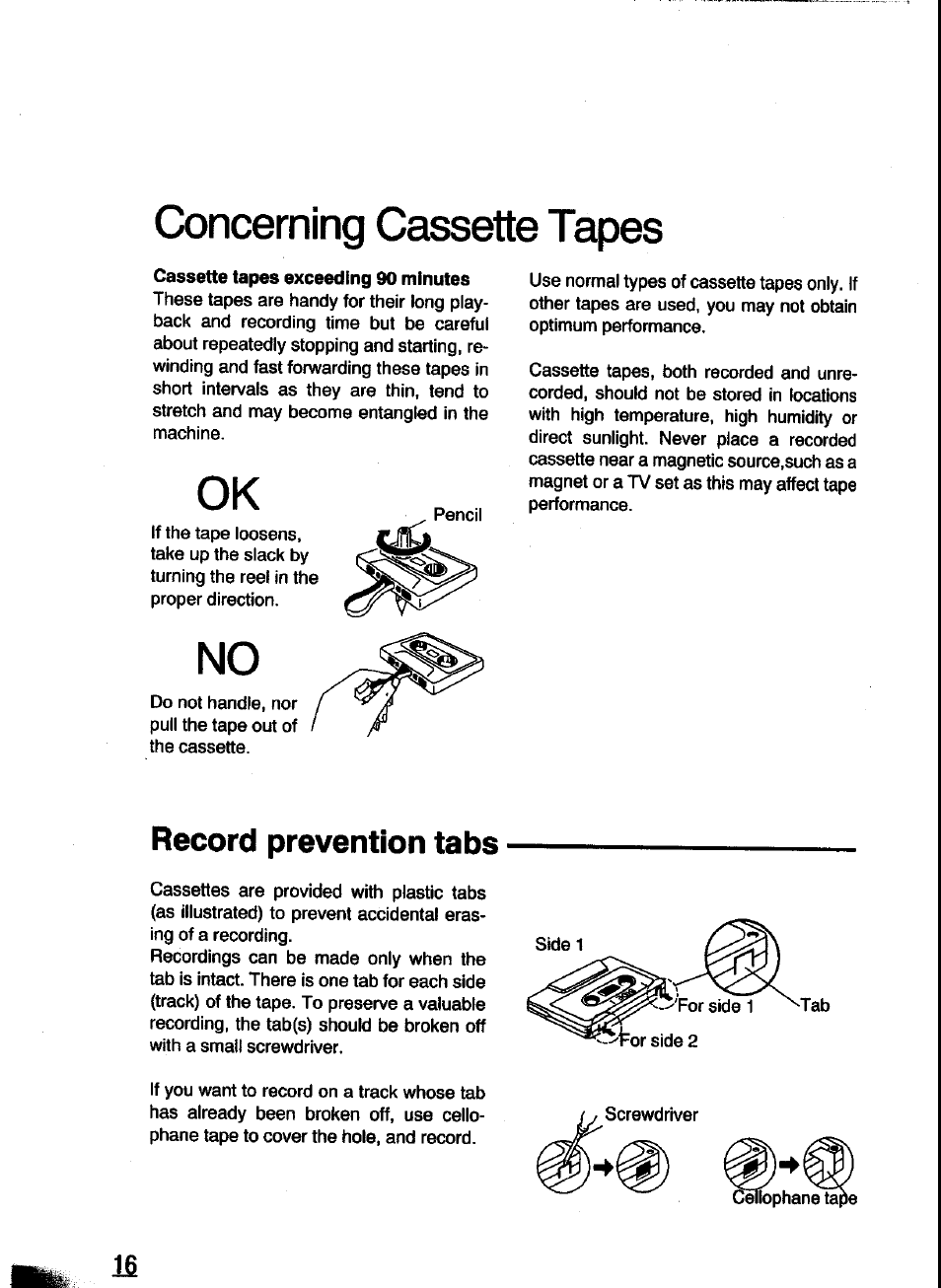 Concerning cassette tapes, Record prevention tabs | Panasonic RC-X260 User Manual | Page 16 / 28