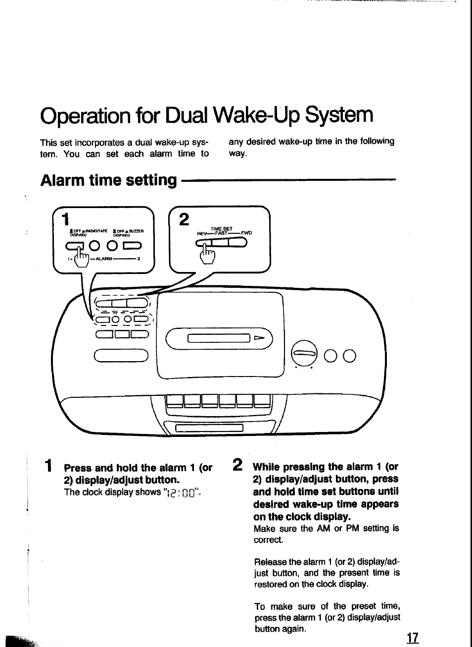Operation for dual wake-up system, Alarm time setting | Panasonic RC-X260 User Manual | Page 17 / 28