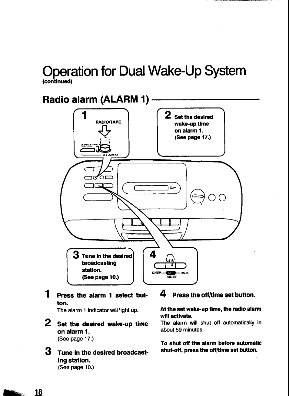 Operation for dual wake-up system, Radio alarm (alarm 1), 2 set the desired wake-up time on alarm 1 | 3 tune in the desired broadcasting station | Panasonic RC-X260 User Manual | Page 18 / 28