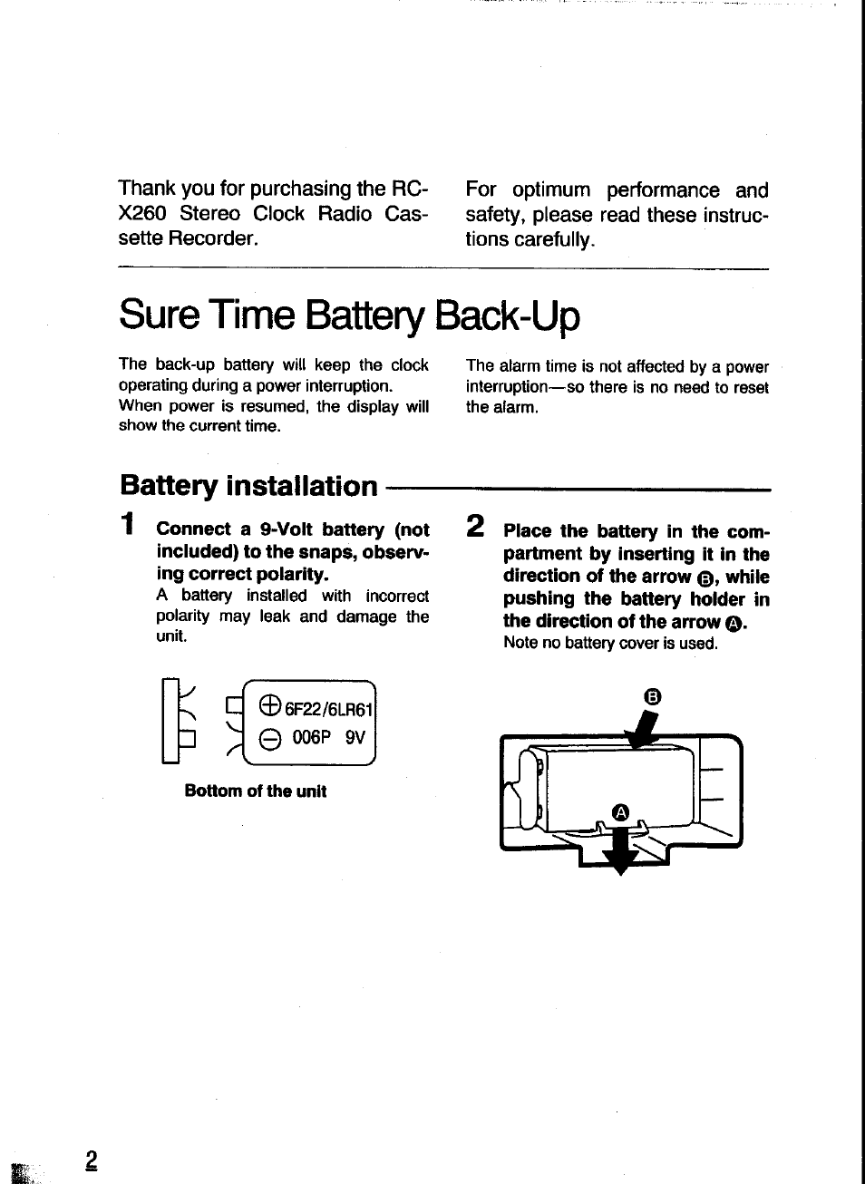 Sure time battery back-up, Battery installation, Battery | Panasonic RC-X260 User Manual | Page 2 / 28