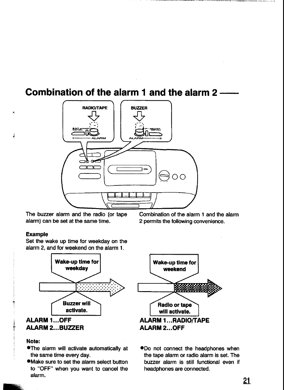 Combination of the aiarm 1 and the aiarm 2, Alarm 1...radio/tape alarm 2 ff | Panasonic RC-X260 User Manual | Page 21 / 28