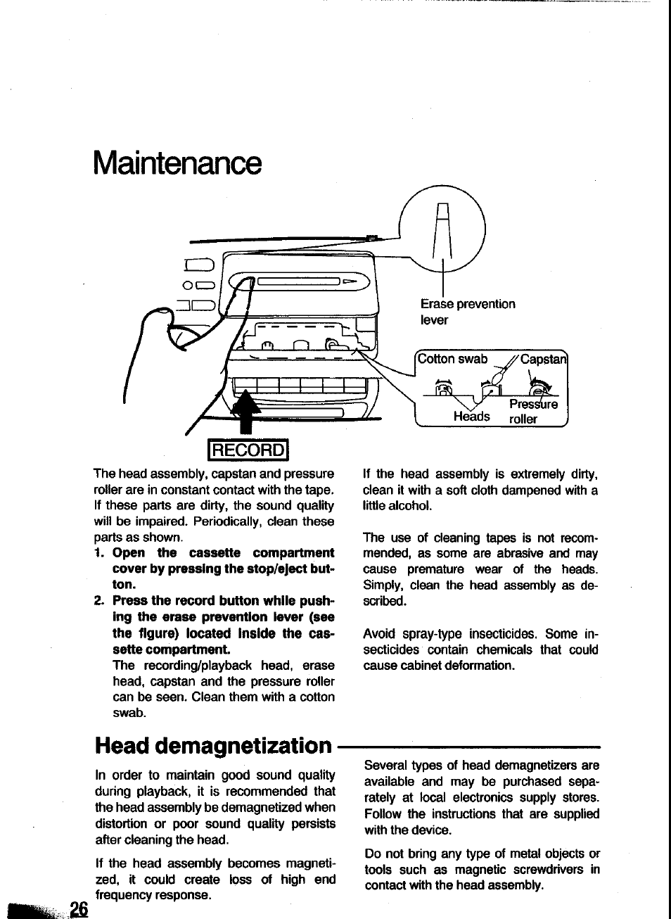 Maintenance, Head demagnetization | Panasonic RC-X260 User Manual | Page 26 / 28