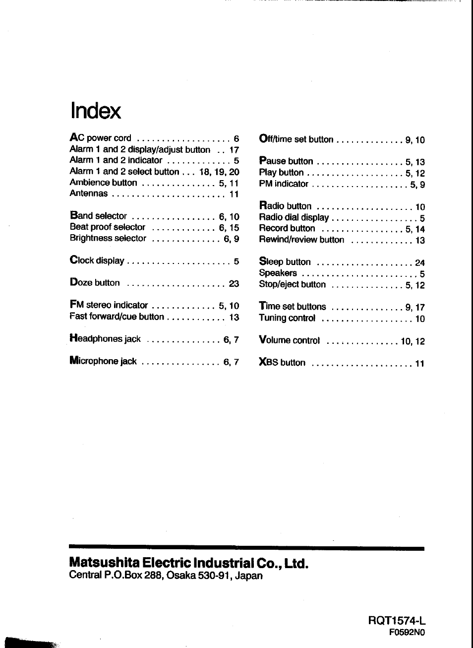 Index, Central p.o.box 288, osaka 530-91, japan, Rqt1574-l | Matsushita electric industriai co., ltd, Steep | Panasonic RC-X260 User Manual | Page 28 / 28