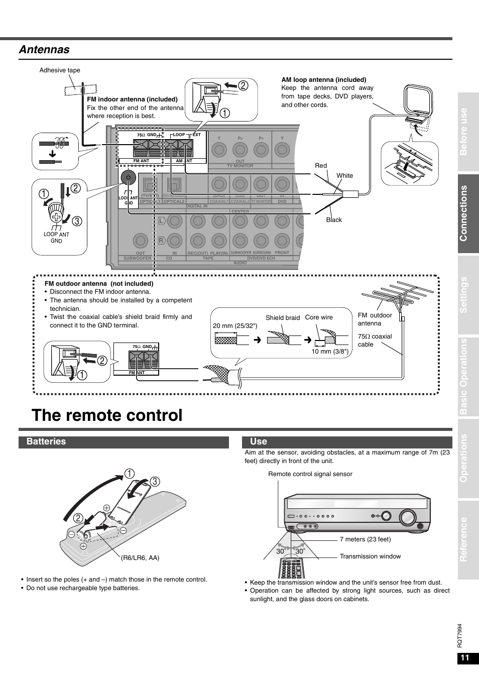 The remote control, Antennas, Co nne ct ion s | Batteries use | Panasonic SA-XR55 User Manual | Page 11 / 28