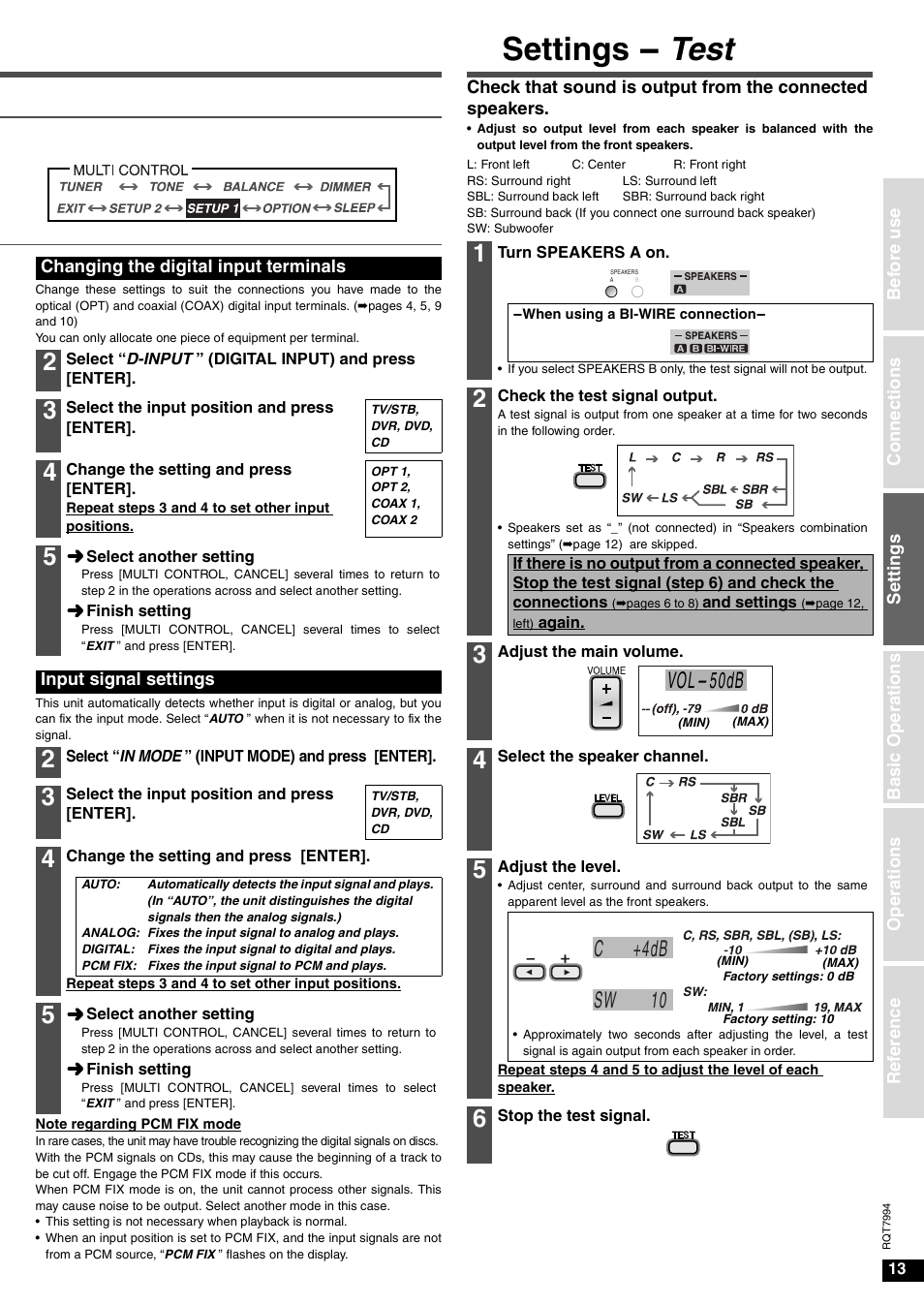 Setting - test, Settings - test, Vol- 50db | Sw 10 c +4db | Panasonic SA-XR55 User Manual | Page 13 / 28