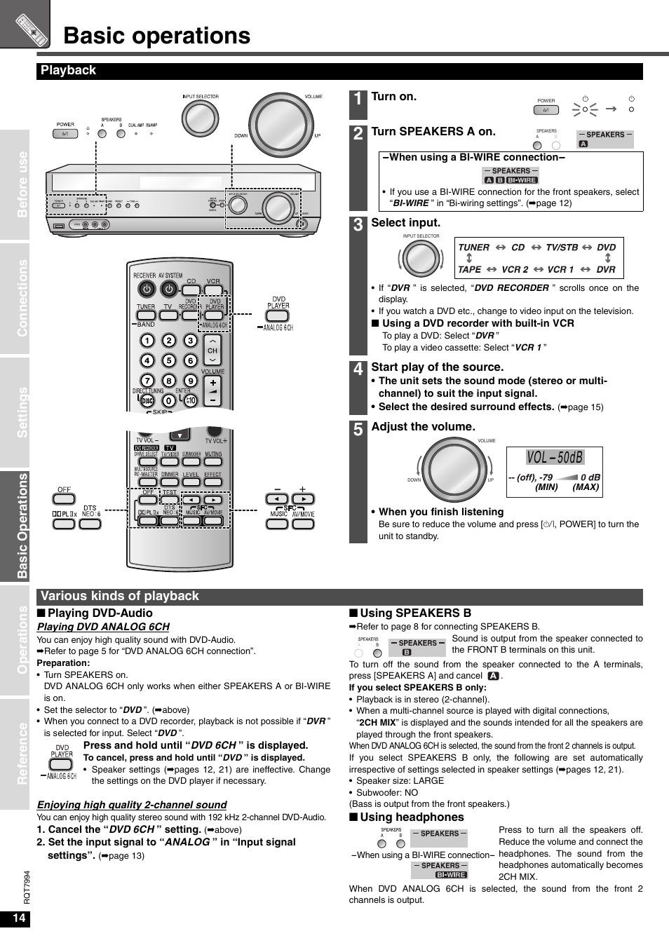 Basic operations, Playback, Vol- 50db | Various kinds of playback | Panasonic SA-XR55 User Manual | Page 14 / 28