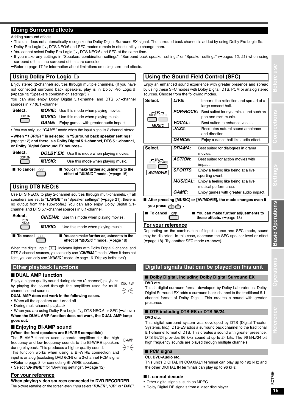 Using surround effects, Using surround effects using dolby pro logic, Using dts neo:6 | Using the sound field control (sfc) | Panasonic SA-XR55 User Manual | Page 15 / 28