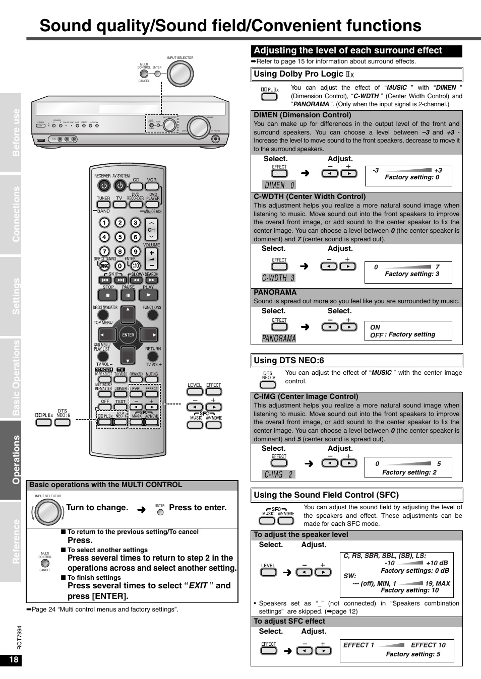 Sound quality/sound field/convenient functions, Adjusting the level of each surround effect, Dimen 0 | C-wdth 3, Panorama, C-img 2, Turn to change. press to enter, Press, Using dolby pro logic, Using dts neo:6 | Panasonic SA-XR55 User Manual | Page 18 / 28