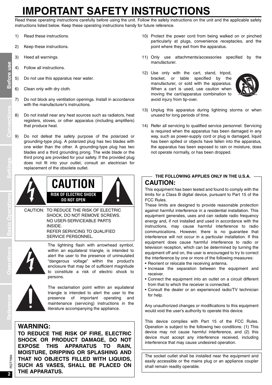 Important sfety instructions, Caution, Important safety instructions | Warning | Panasonic SA-XR55 User Manual | Page 2 / 28