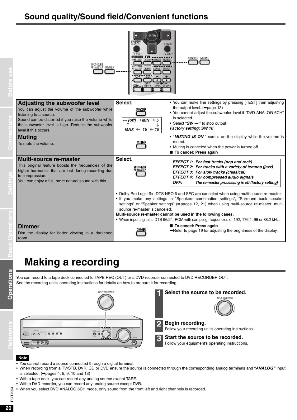 Making a recording, Sound quality/sound field/convenient functions, Adjusting the subwoofer level | Muting, Multi-source re-master, Dimmer | Panasonic SA-XR55 User Manual | Page 20 / 28