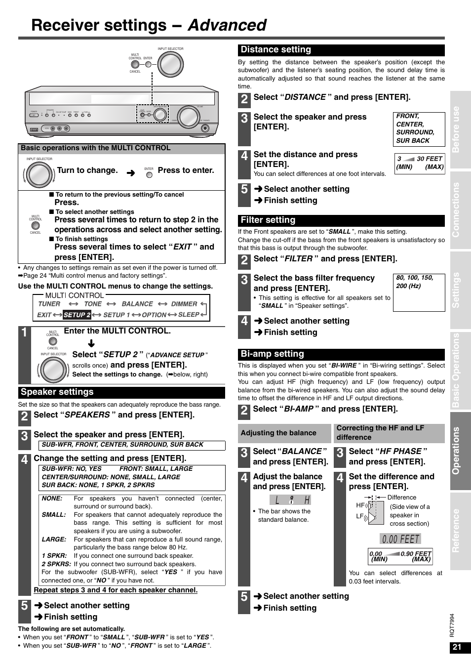 Receiver settings - advanced, L h 0.00 feet, Speaker settings | Distance setting, Filter setting, Bi-amp setting | Panasonic SA-XR55 User Manual | Page 21 / 28