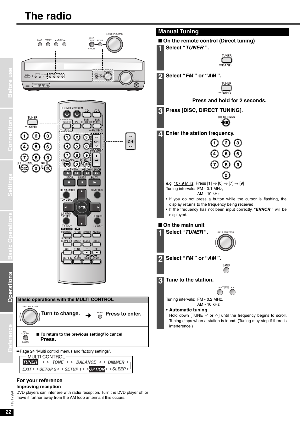 The radio, Manual tuning, For your reference | Turn to change. press to enter, Press, Non the remote control (direct tuning), Select “ tuner, Press [disc, direct tuning, Enter the station frequency, Non the main unit | Panasonic SA-XR55 User Manual | Page 22 / 28