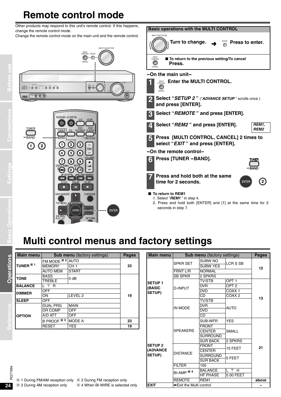 Remote control mode, Multi control menus and factory settings, On the main unit- -on the remote control | Turn to change. press to enter, Press, Enter the multi control, Select “ setup 2, And press [enter, Select “ remote ” and press [enter, Select “ rem2 ” and press [enter | Panasonic SA-XR55 User Manual | Page 24 / 28