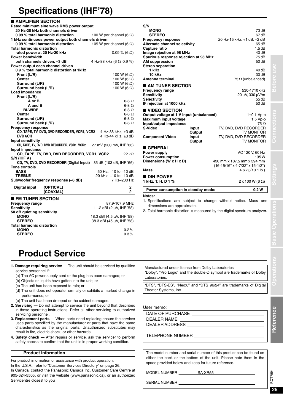 Reference, Specifications, Product service | Specifications (ihf’78) | Panasonic SA-XR55 User Manual | Page 25 / 28