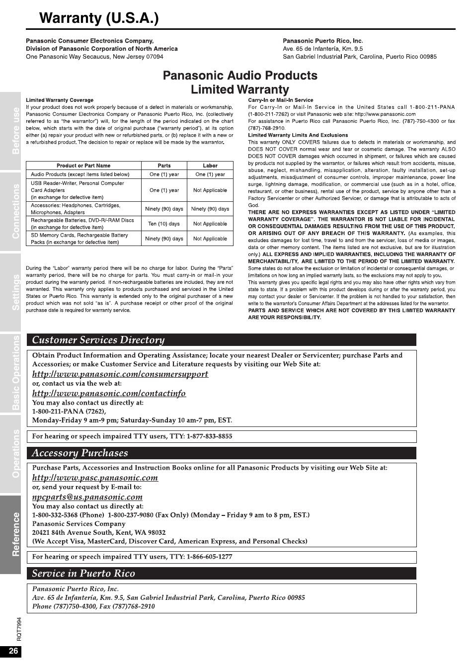 Warranty (u.s.a.) | Panasonic SA-XR55 User Manual | Page 26 / 28