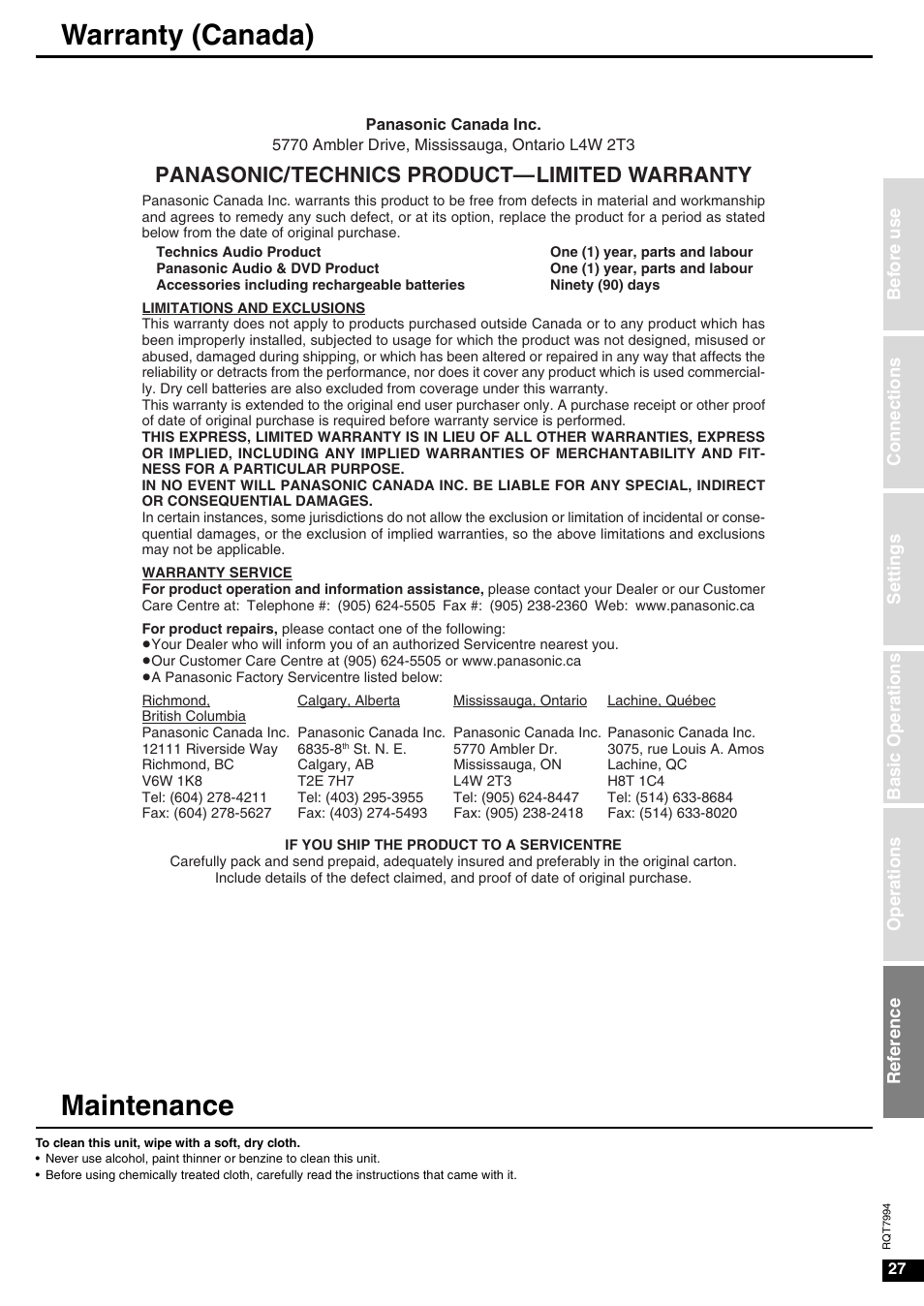 Warranty (canada), Maintenance, Warranty (canada) maintenance | Panasonic/technics product—limited warranty | Panasonic SA-XR55 User Manual | Page 27 / 28