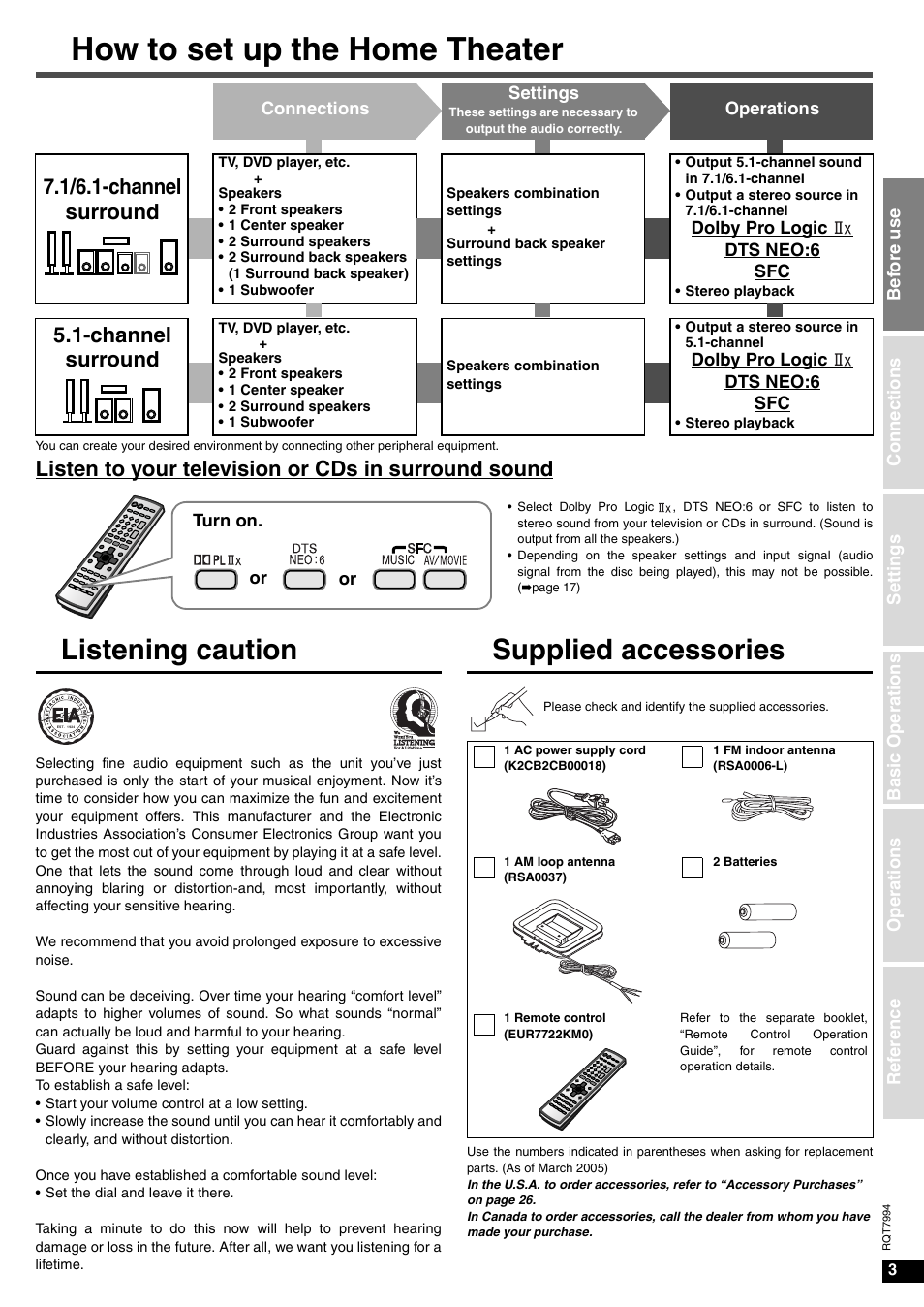 How to set up the home theater, Listening caution, Supplied accessories | Listen to your television or cds in surround sound, 1/6.1-channel surround, Channel surround | Panasonic SA-XR55 User Manual | Page 3 / 28