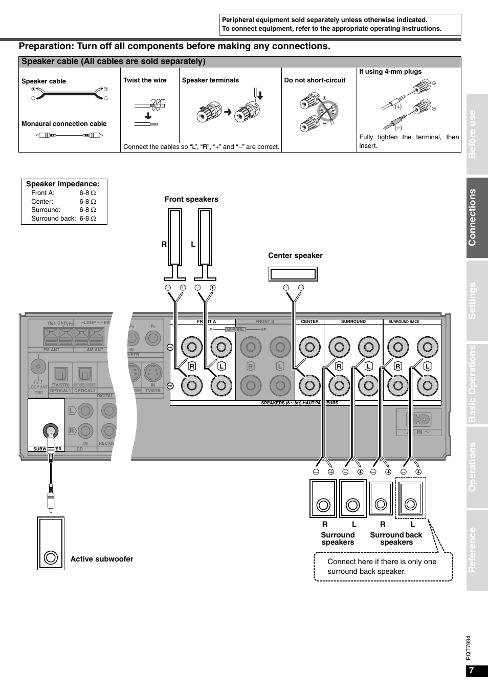 Co nne ct ion s, Speaker cable (all cables are sold separately) | Panasonic SA-XR55 User Manual | Page 7 / 28