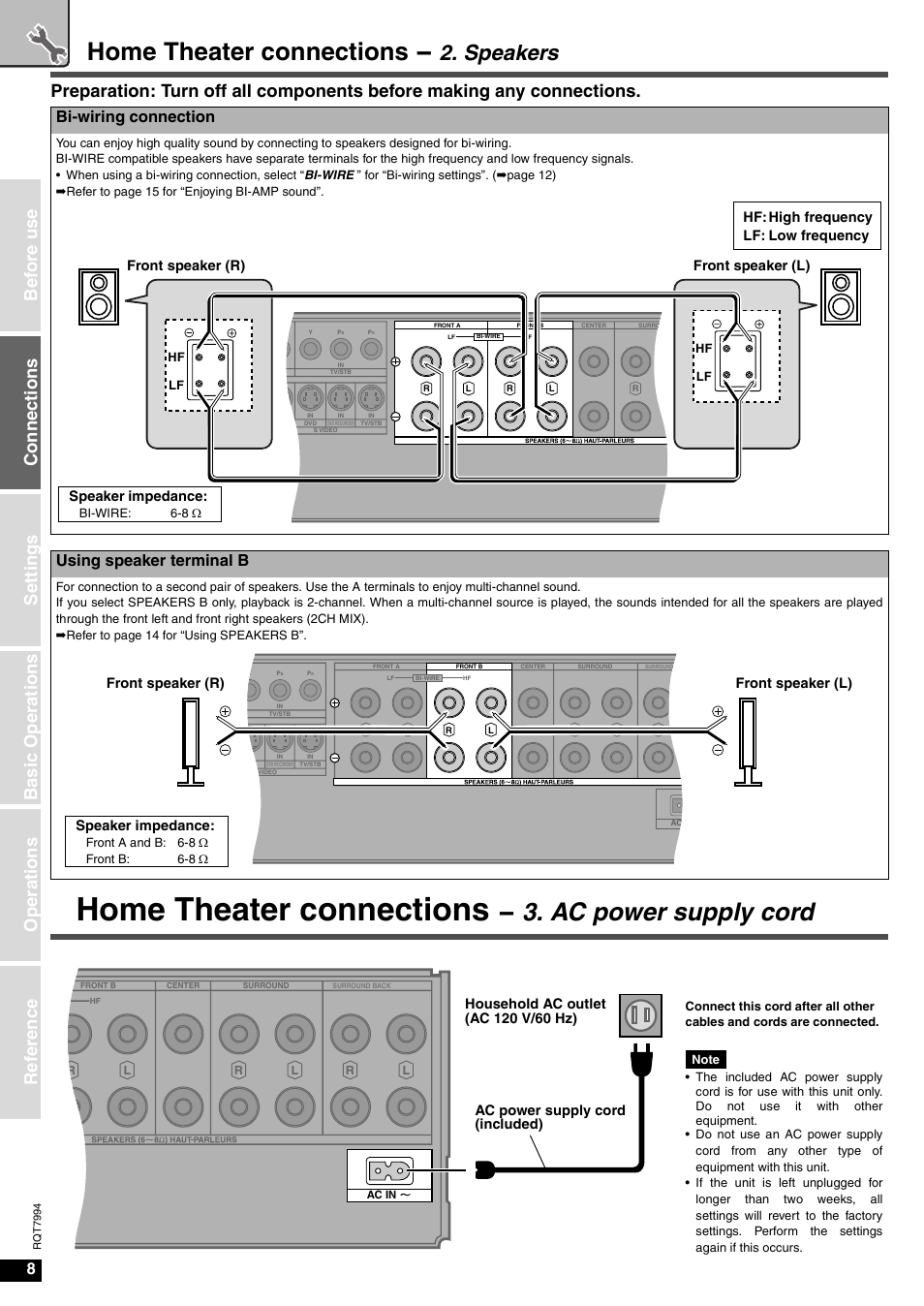 Ac power supply cord, Home theater connections, Speakers | Conne ct ions, Bi-wiring connection, Using speaker terminal b | Panasonic SA-XR55 User Manual | Page 8 / 28