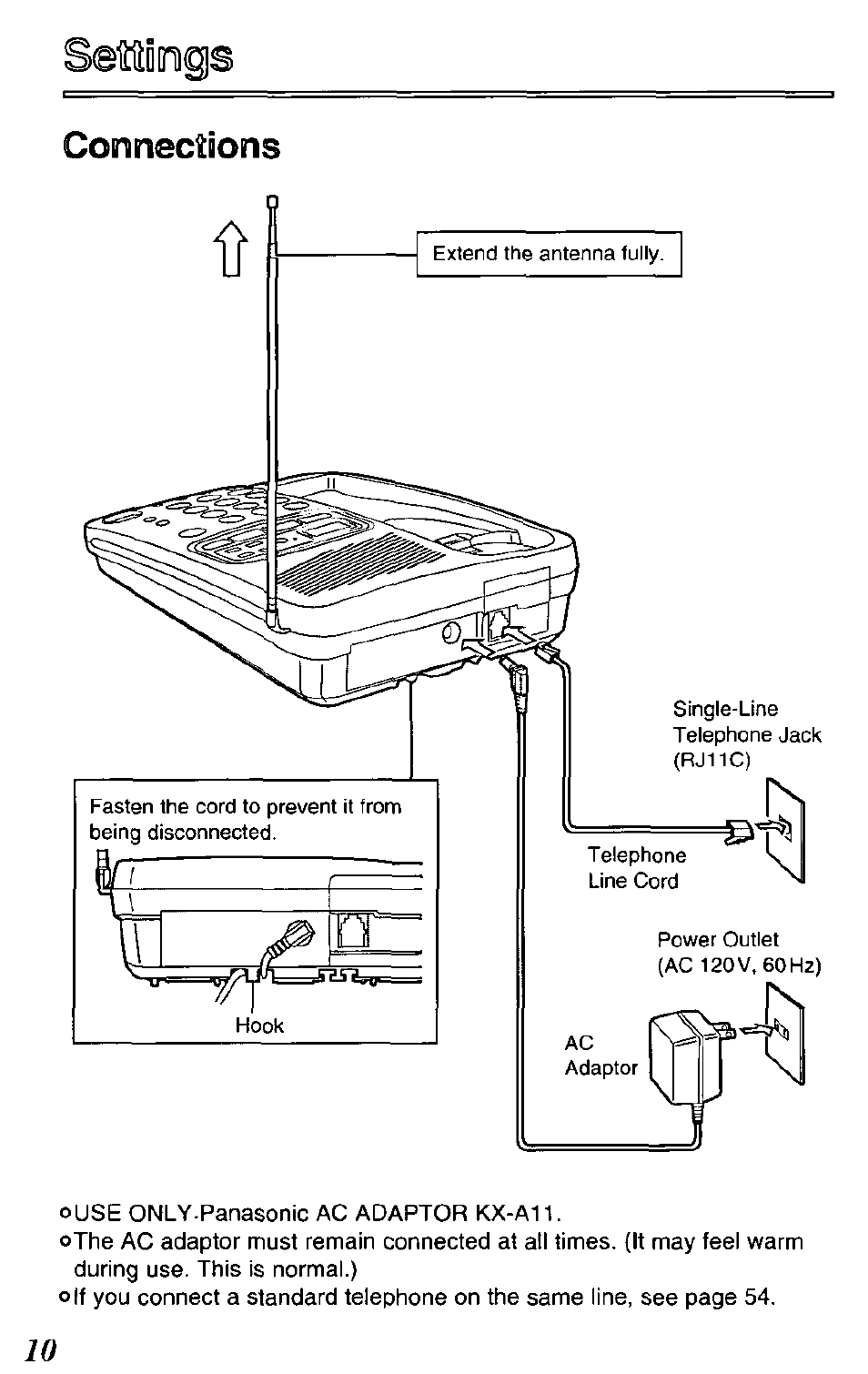 Ietiings, Connections | Panasonic KX-TCM420-B User Manual | Page 10 / 64