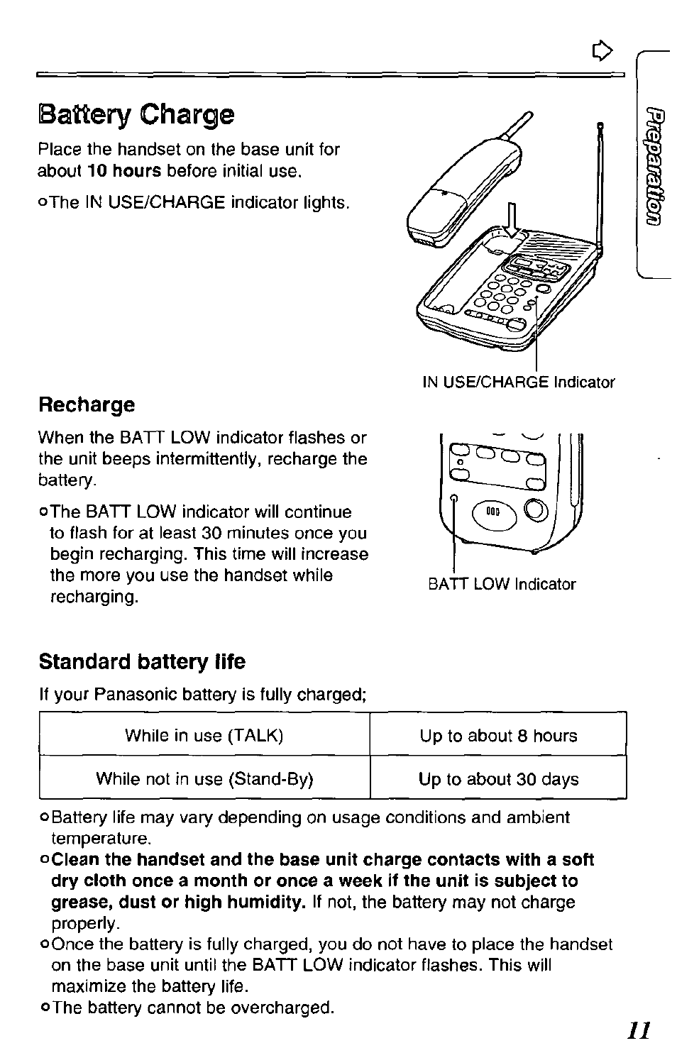 Battery charge, Recharge, Standard battery life | Panasonic KX-TCM420-B User Manual | Page 11 / 64