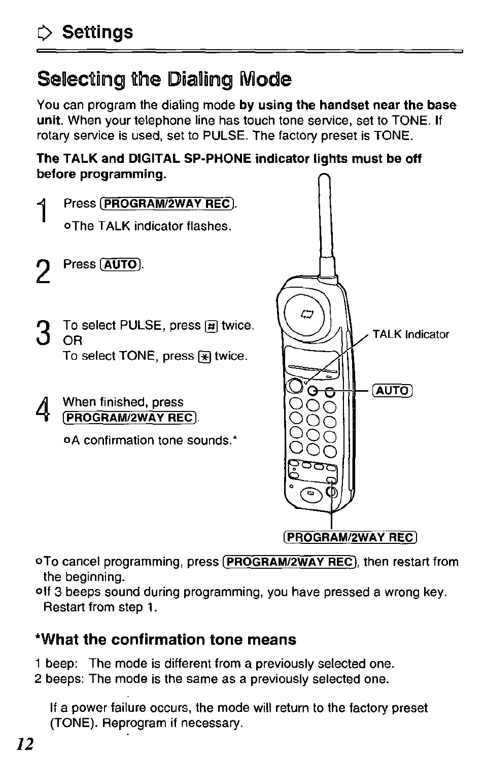 C> settings, Selecting the dialing ivlode, Settings | Selecting the dialing mode | Panasonic KX-TCM420-B User Manual | Page 12 / 64