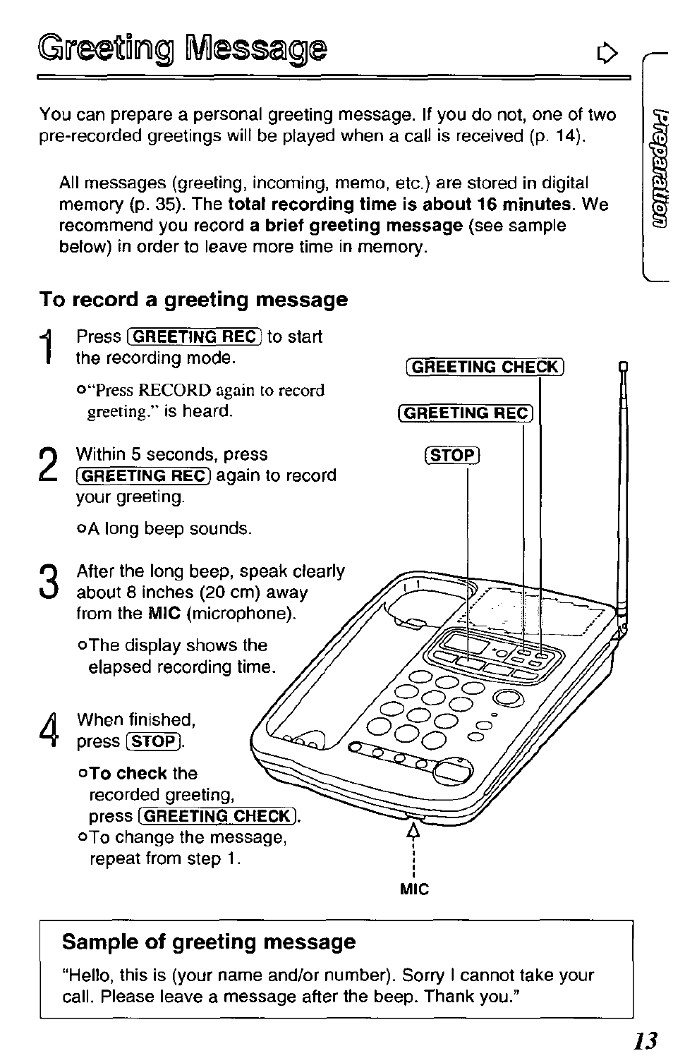 Oto check the, Sample of greeting message | Panasonic KX-TCM420-B User Manual | Page 13 / 64