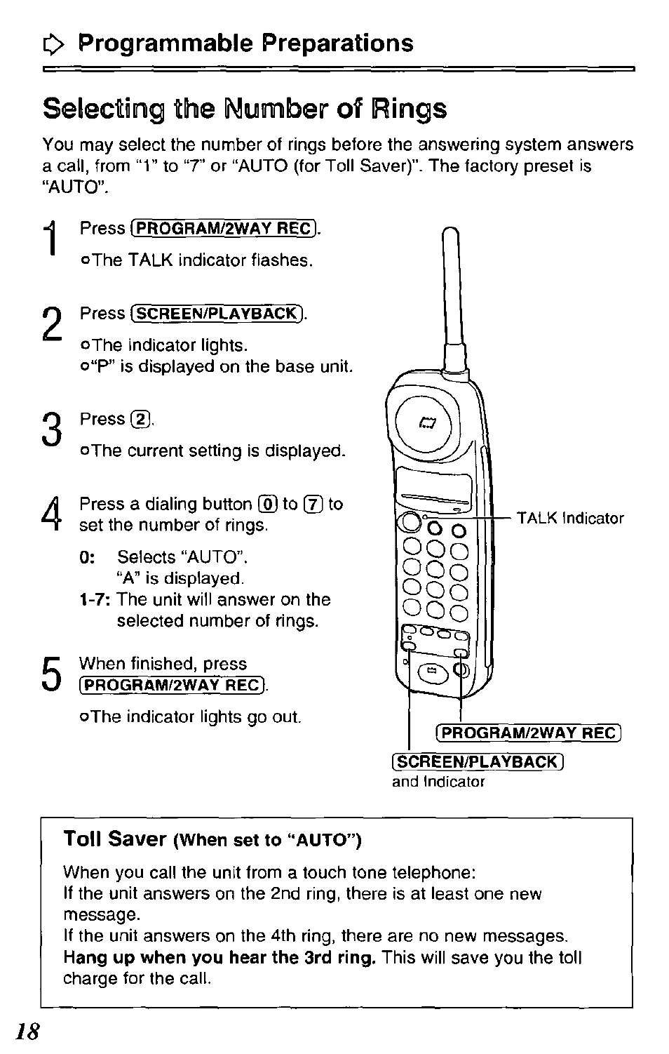 C> programmable preparations, Selecting the number of rings | Panasonic KX-TCM420-B User Manual | Page 18 / 64