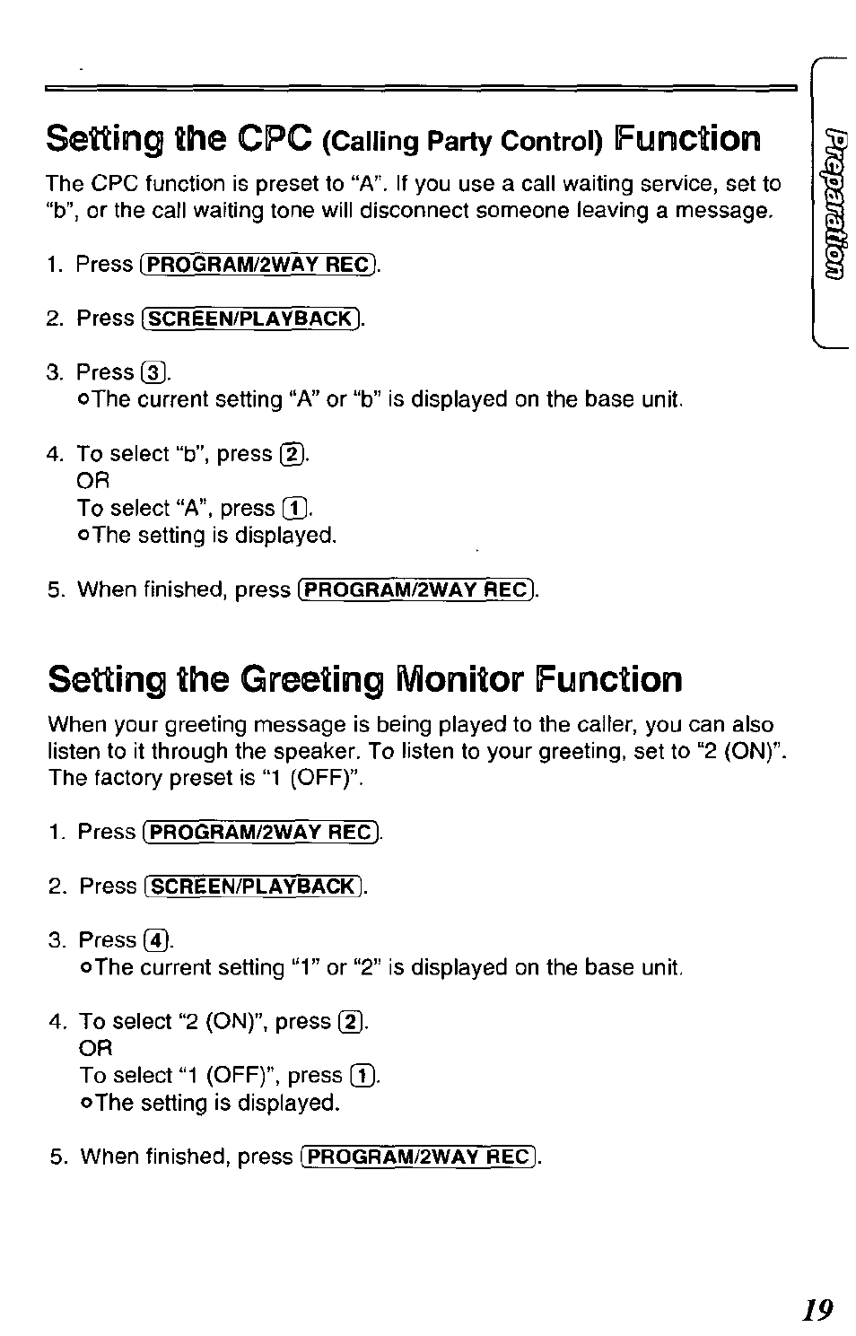 Setting the cpc (calling party control) function, Setting the greeting monitor function, Setting the cpc | Function, Calling party control) | Panasonic KX-TCM420-B User Manual | Page 19 / 64