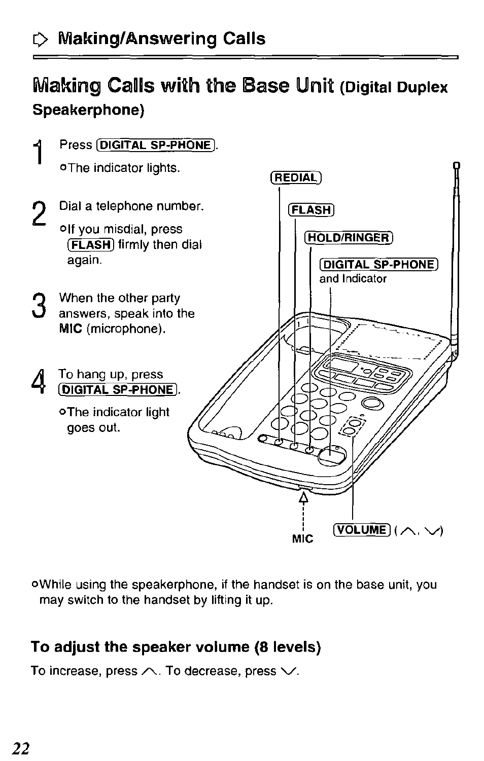 To adjust the speaker volume (8 levels), Li\/iaking calls with №e base, C> making/answering calls | Panasonic KX-TCM420-B User Manual | Page 22 / 64