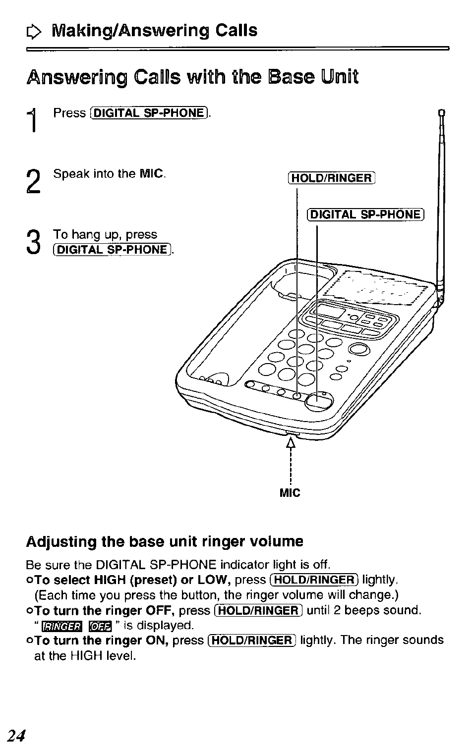 Answering calls wi№ the base unidt, Adjusting the base unit ringer volume, Answering calls with the handset | C> making/answering calls | Panasonic KX-TCM420-B User Manual | Page 24 / 64