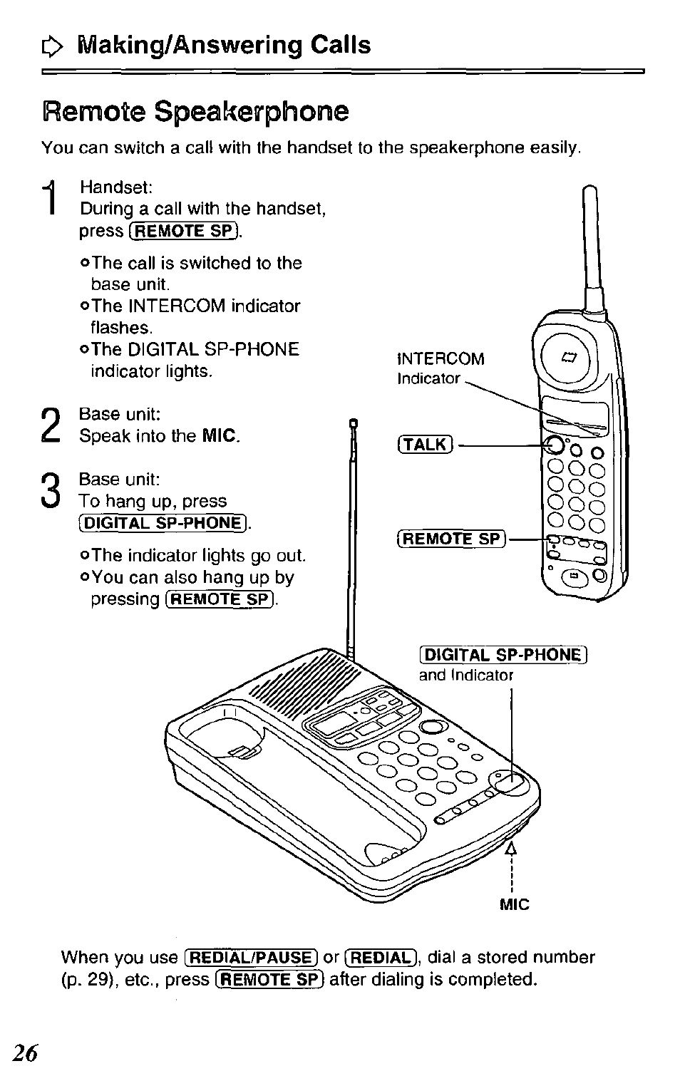 Remote speakerphone, Distal sp-phonel, C> making/answering calls | Panasonic KX-TCM420-B User Manual | Page 26 / 64