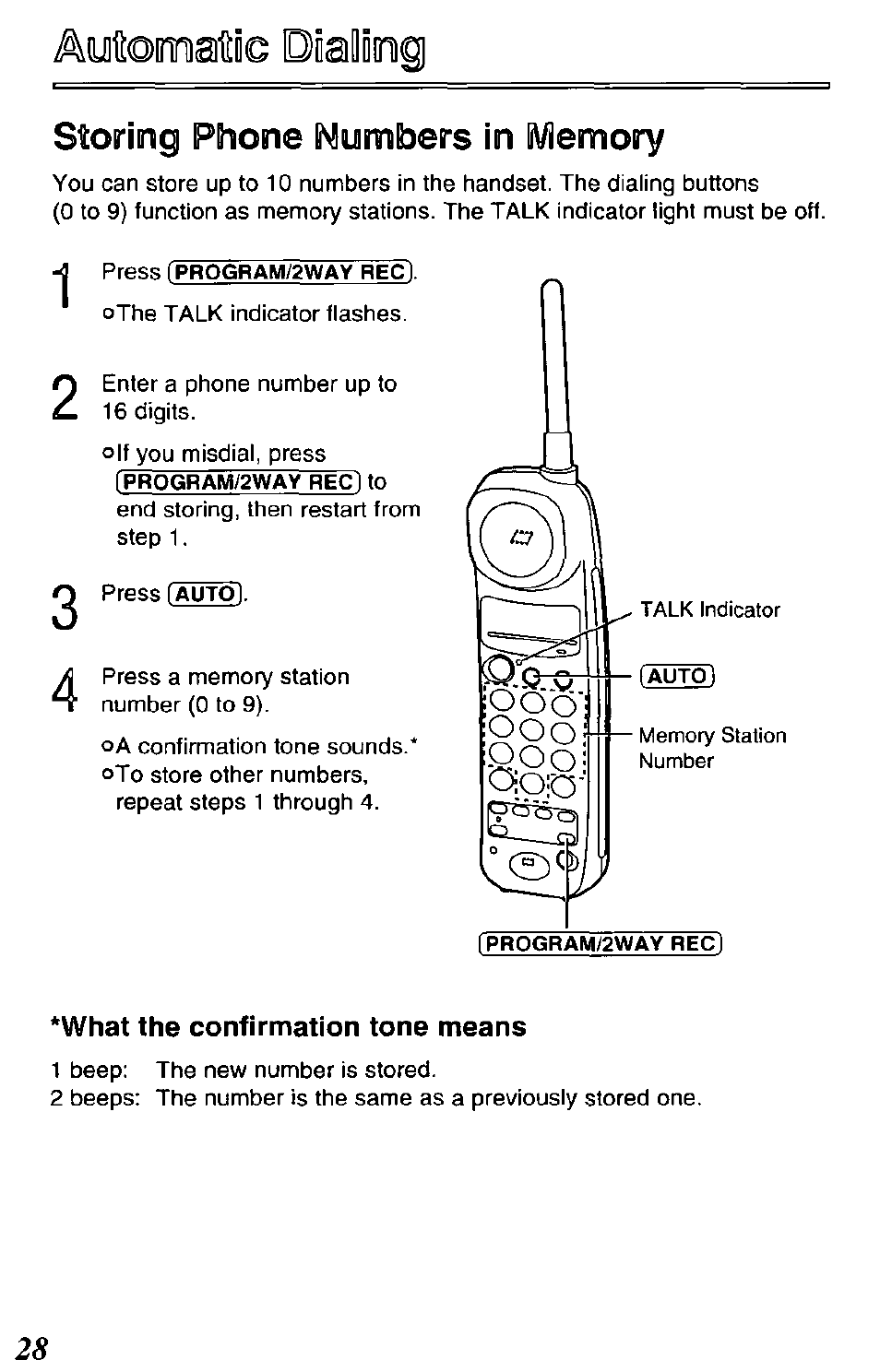 Aytomaise dialiog, Storing phone numbers in memory, What the confirmation tone means | Panasonic KX-TCM420-B User Manual | Page 28 / 64