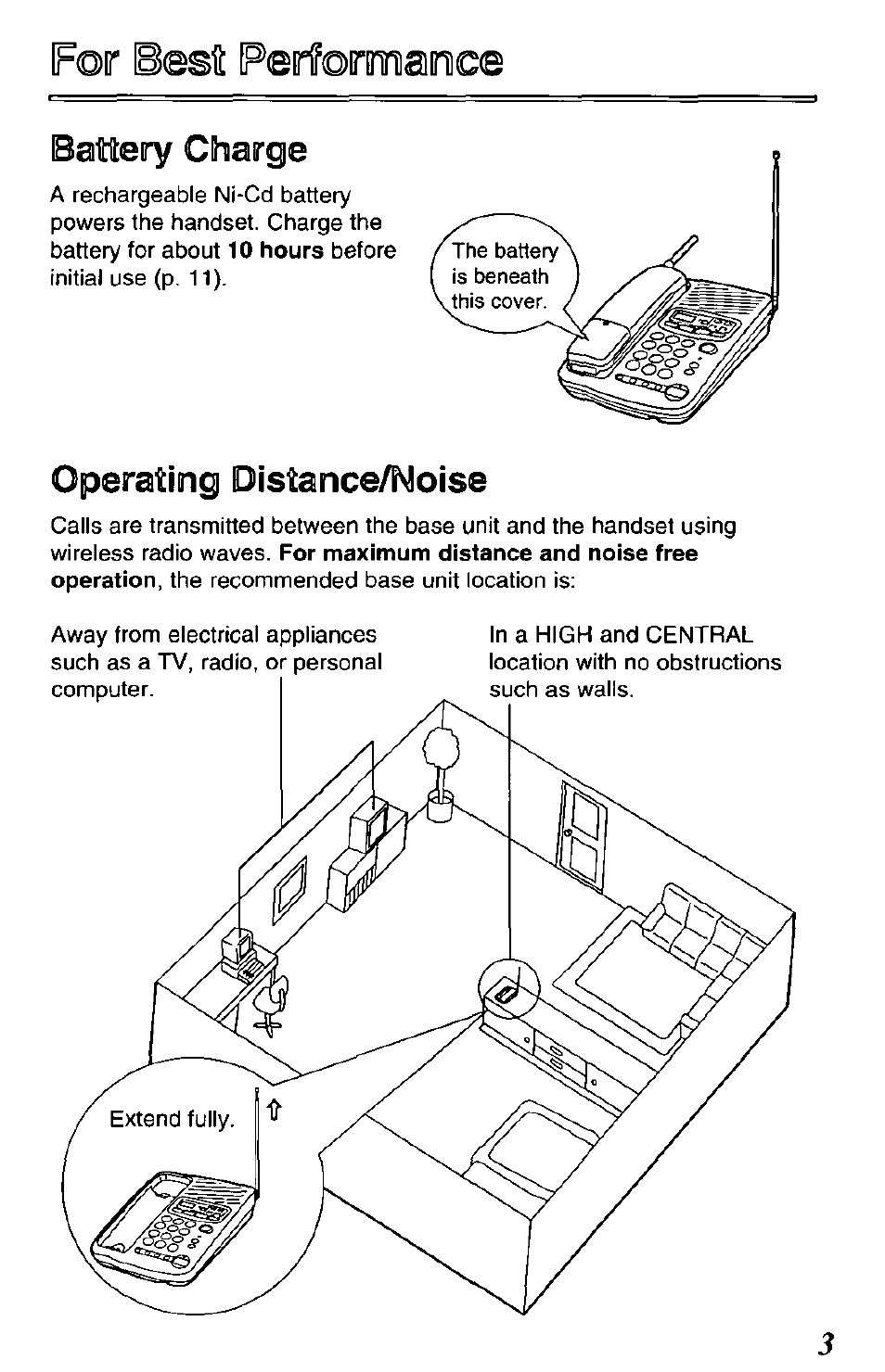 For best ferfforimiainiœ, Batteiry chairge, Operating distance/noise | Panasonic KX-TCM420-B User Manual | Page 3 / 64