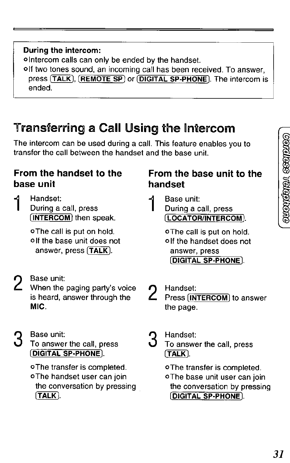 Transferring a call using the intercom, From the handset to the base unit, From the base unit to the handset | Panasonic KX-TCM420-B User Manual | Page 31 / 64