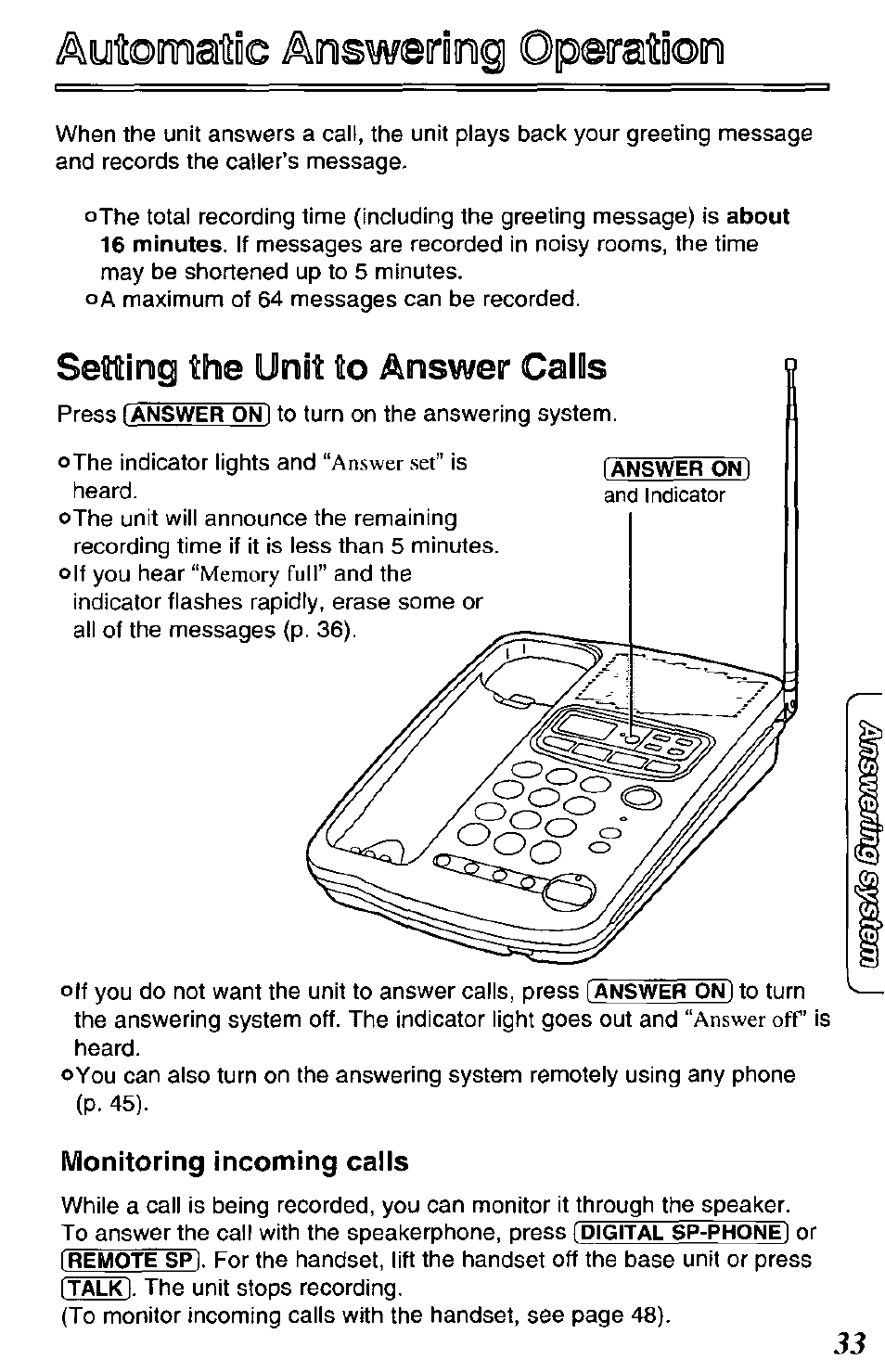 Aytomatès aoswerimig operaiiomi, Setting the unit to answer calls, Monitoring incoming calls | Panasonic KX-TCM420-B User Manual | Page 33 / 64