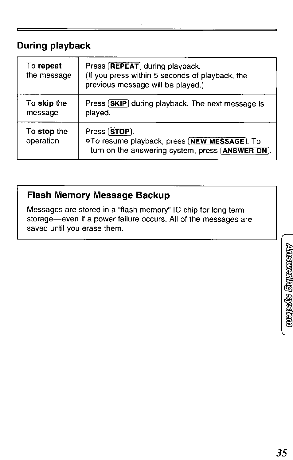 During playback, Flash memory message backup | Panasonic KX-TCM420-B User Manual | Page 35 / 64