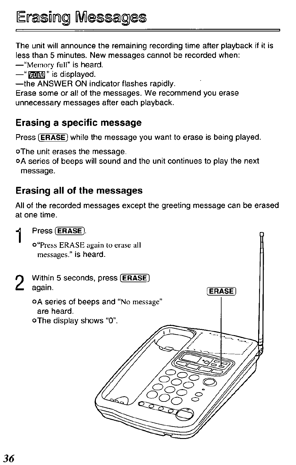 Erasing a specific message, Erasing all of the messages | Panasonic KX-TCM420-B User Manual | Page 36 / 64