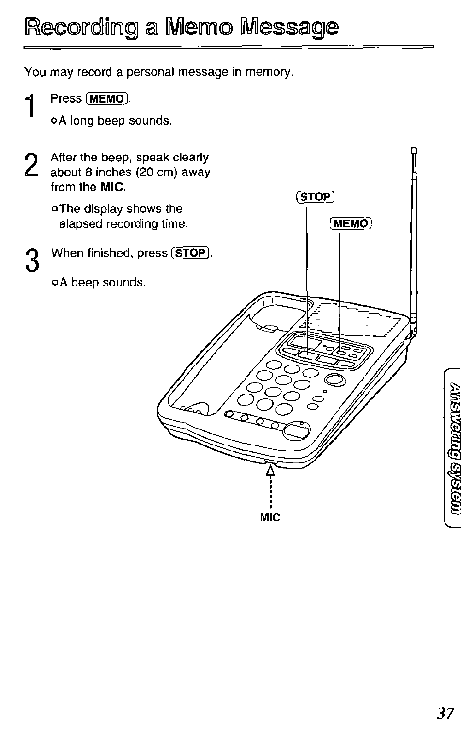 Recordong a dviem© ¡viessage, Recording a memo message | Panasonic KX-TCM420-B User Manual | Page 37 / 64