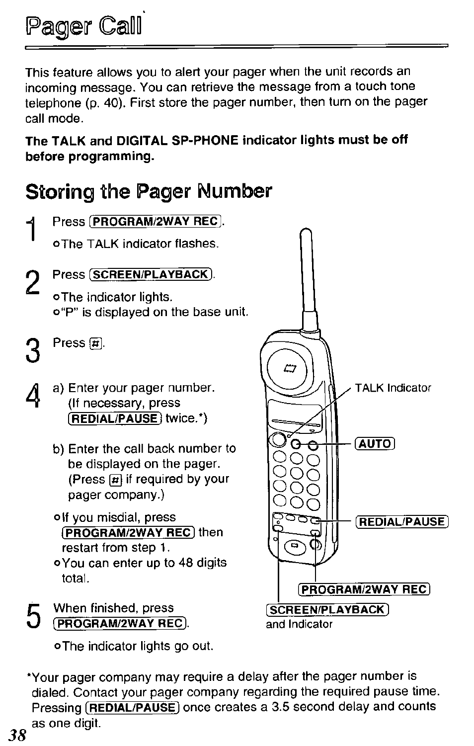 Pager call, Storing the pager number | Panasonic KX-TCM420-B User Manual | Page 38 / 64