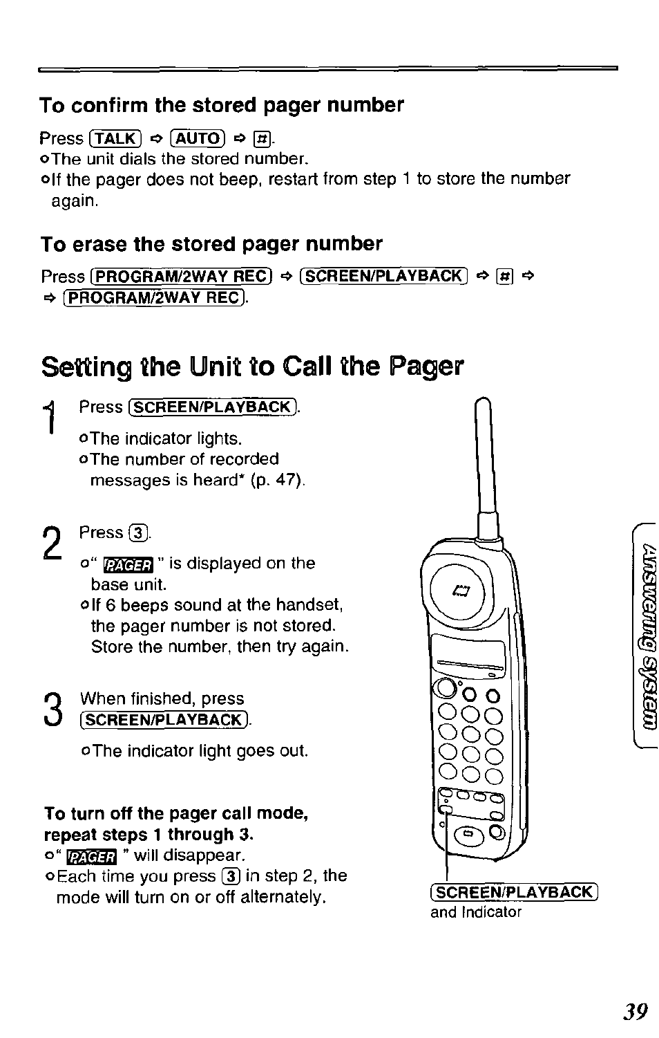 Setting the unit to cail the pager | Panasonic KX-TCM420-B User Manual | Page 39 / 64