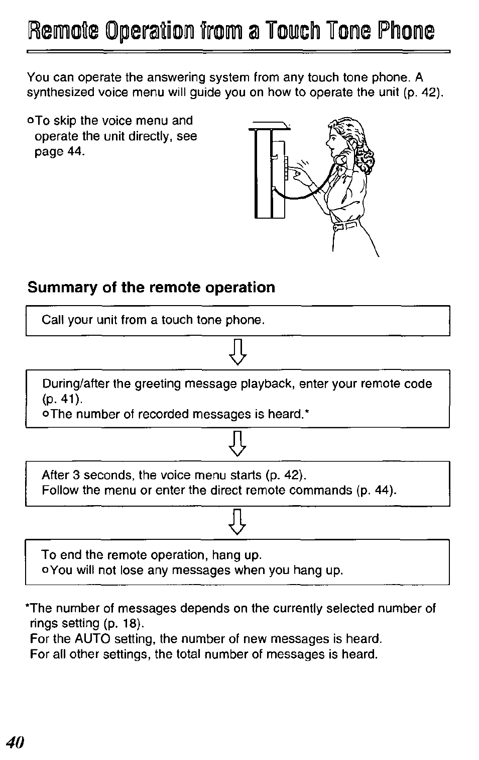 Remote operation from a tooclii tome ptione, Summary of the remote operation, Remote operation from a touch tone phone | Panasonic KX-TCM420-B User Manual | Page 40 / 64