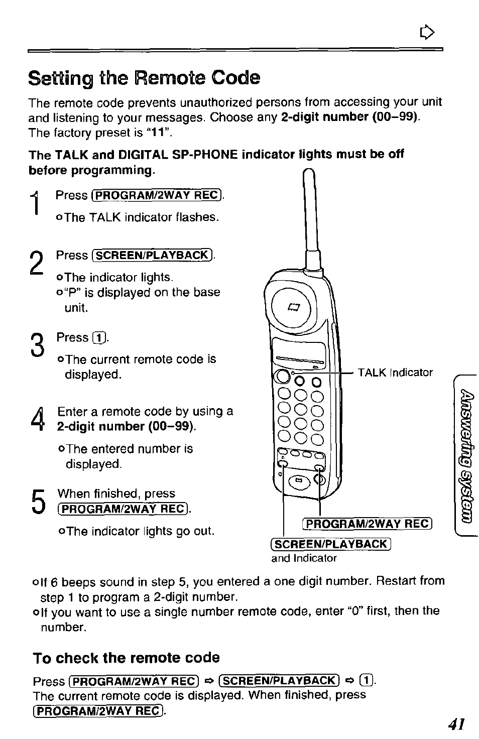 Setting the remote code, To check the remote code | Panasonic KX-TCM420-B User Manual | Page 41 / 64