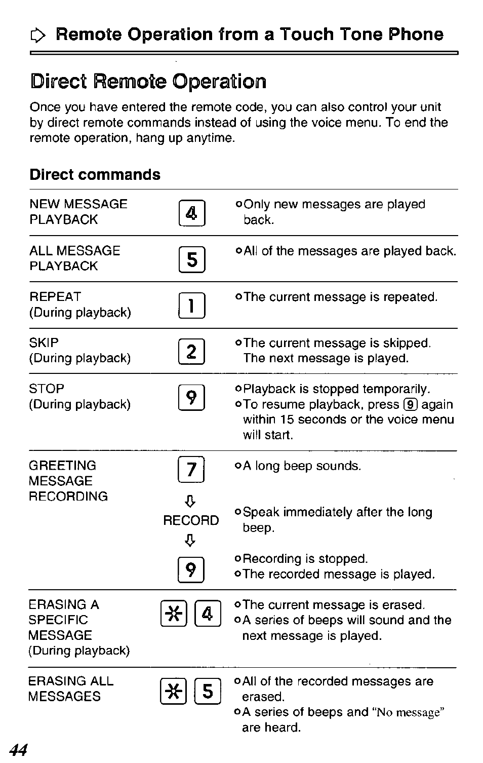 Diiirect remote operation, C> remote operation from a touch tone phone, Direct commands | Panasonic KX-TCM420-B User Manual | Page 44 / 64