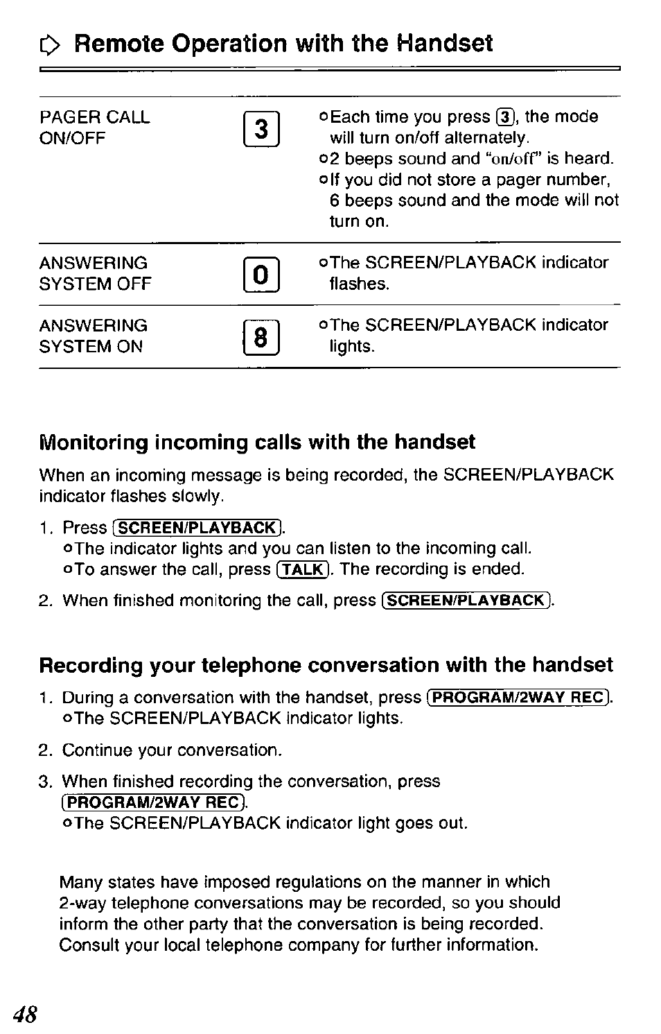 Monitoring incoming calls with the handset, Remote operation with the handset | Panasonic KX-TCM420-B User Manual | Page 48 / 64