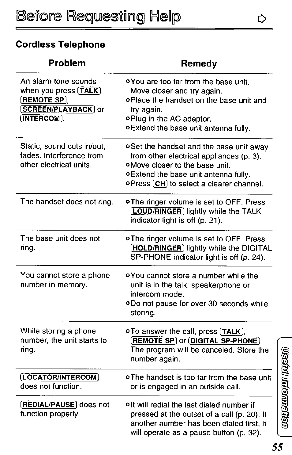 Before [reqyesfding hedp, Before requesting help, Ocordless telephone problem remedy | Panasonic KX-TCM420-B User Manual | Page 55 / 64